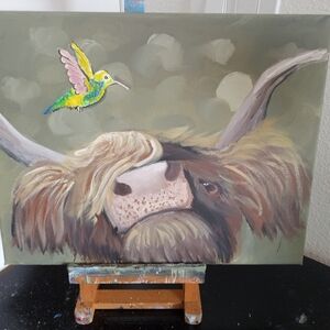 Vibrant Highland Cow and Hummingbird Canvas Art